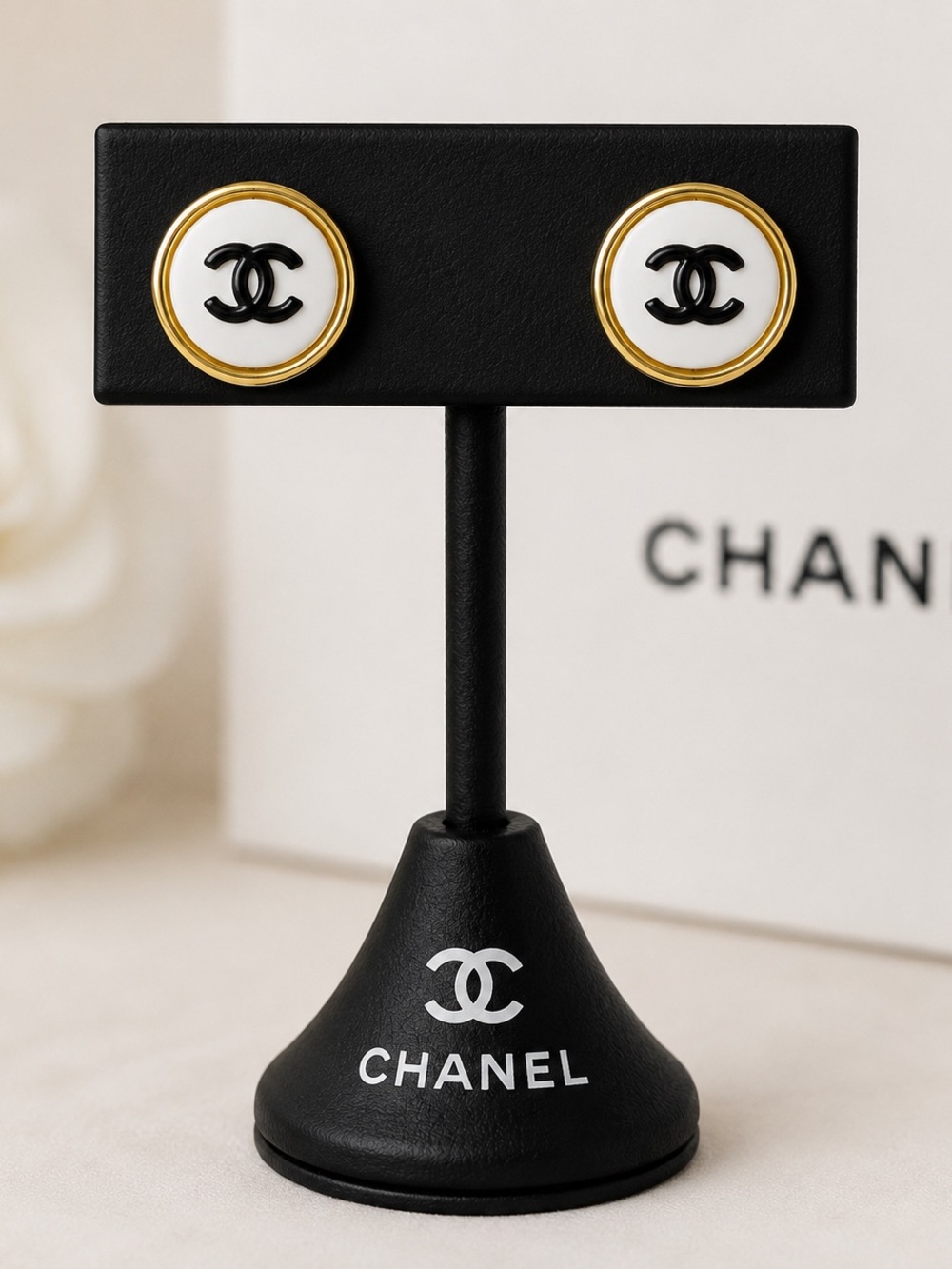 CHANEL White, Black & Gold CC Round Stud Earrings